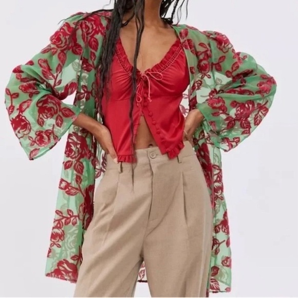 UO Red Velvet Floral and Lime Brat Green Robe Kimono Wrap One Size (SM-LG) - Picture 1 of 10